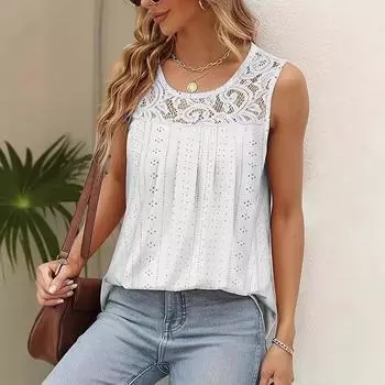 Женский однотонный жилет без рукавов с круглым вырезом больших размеров с кружевом и складками 4XL чёрный