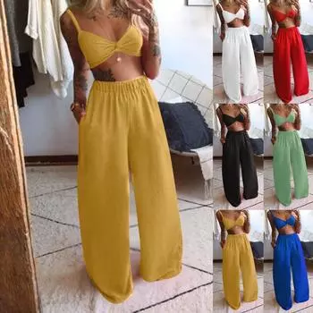 Женский однотонный жилет и свободный повседневный комплект с широкими брюками XL чёрный