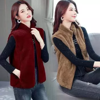 Женский однотонный жилет из плюша на осень-зиму с воротником-стойкой, без рукавов, с карманами на молнии, утолщенный флисовый жилет, пальто XXXXL чёрный