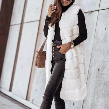 Женский однотонный жилет с круглым вырезом, плюшевый теплый длинный жилет без рукавов, пальто S белый