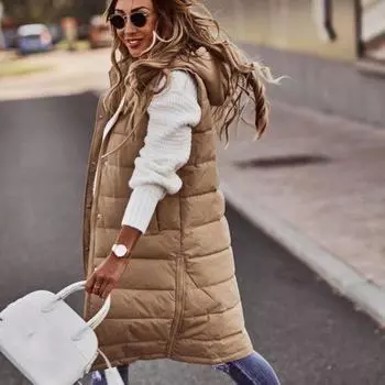 Женский однотонный жилет средней длины из хлопка с капюшоном, зимняя однобортная куртка без рукавов, теплое элегантное уличное пальто S хаки