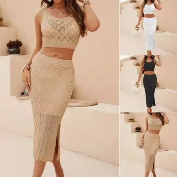 Женский однотонный жилет в полоску с ромбами из двух частей, длинная юбка с небольшим разрезом для женщин L чёрный