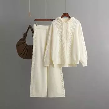 Женский офисный повседневный костюм из 2 предметов, зимний теплый трикотажный костюм, трикотажная толстовка с капюшоном + трикотажные брюки XXXL