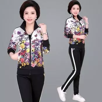 Женский офисный спортивный комплект из двух предметов: куртка с принтом и брюки M чёрный