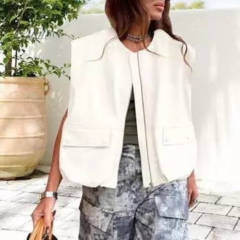 Женский осенне-летний жилет без рукавов с круглым вырезом и молнией, сплошной цвет, свободный кардиган с карманами, гладкая поверхность, повседневный жилет M белый