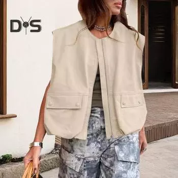 Женский осенне-летний жилет без рукавов с круглым вырезом и молнией, сплошной цвет, свободный кардиган с карманами, гладкая поверхность, повседневный жилет M белый