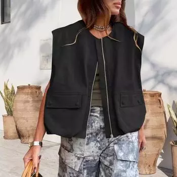 Женский осенне-летний жилет без рукавов с круглым вырезом и молнией, сплошной цвет, свободный кардиган с карманами, гладкая поверхность, повседневный жилет M белый
