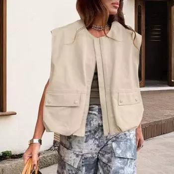 Женский осенне-летний жилет без рукавов с круглым вырезом и молнией, сплошной цвет, свободный кардиган с карманами, гладкая поверхность, повседневный жилет M белый