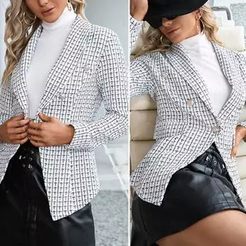 Женский осенне-весенний костюм, пальто, двубортный с принтом в клетку, с длинными рукавами и толстыми карманами, мягкий кардиган, деловой стиль, OL, коммутационная куртка XL белый