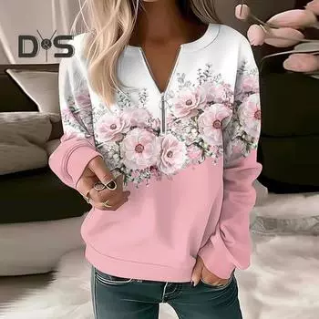 Женский осенне-весенний свитер с цветочным принтом, v-образный вырез, молния, декор, пуловер с длинными рукавами, мягкий повседневный толстый эластичный манжет, женский топ, блузка XL синий