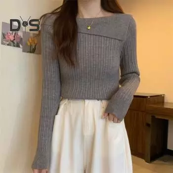 Женский осенне-весенний топ, однотонный нерегулярный вырез лодочкой, мягкий теплый вязаный пуловер с длинными рукавами, повседневный облегающий один размер, женский свитер, блузка чёрный