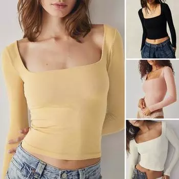 Женский осенне-весенний топ с глубоким вырезом и квадратным вырезом, приталенный крой с длинным рукавом S чёрный