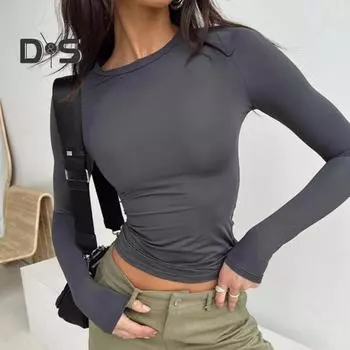 Женский осенне-весенний топ с круглым вырезом, облегающий пуловер, однотонный, мягкий, эластичный, тонкий, дышащий, повседневный, с длинным рукавом, женская повседневная одежда L коричневый