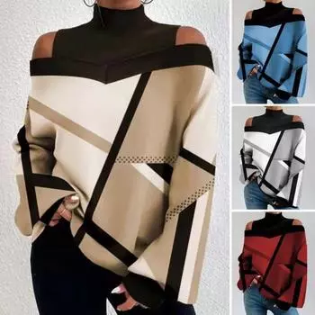 Женский осенне-весенний топ с открытыми плечами, соответствующий цвету с геометрическим принтом и длинными рукавами, свободный пуловер с высоким воротником, женская футболка средней длины, блузка XL серый