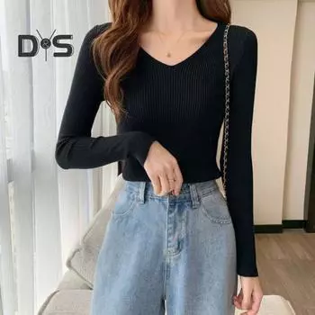 Женский осенне-весенний трикотажный топ с v-образным вырезом, однотонный мягкий эластичный пуловер с длинными рукавами, нижний топ, женский зимний свитер чёрный