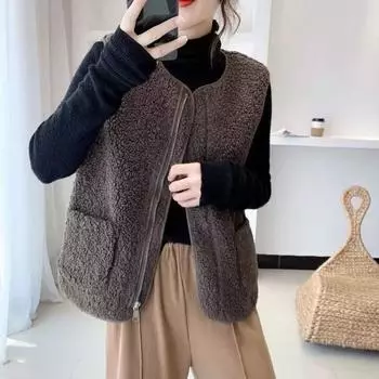 Женский осенне-весенний жилет с круглым вырезом, толстый флис, карманы, однотонный, без рукавов, на молнии, в стиле ретро, теплый XXXL верблюд