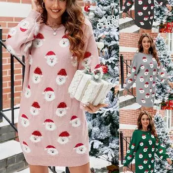 Женский осенне-зимний элегантный круглый вырез пуловер с длинным рукавом с принтом рождественский повседневный универсальный Foreigner платья S чёрный