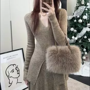 Женский осенне-зимний элегантный свитер с разрезом снизу, полуоблегающая юбка, комплект из двух предметов One size