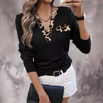 Женский осенне-зимний элегантный темпераментный топ с V-образным вырезом и длинными рукавами S чёрный