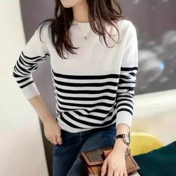 Женский осенне-зимний черно-белый полосатый вязаный кардиган свободный свитер S белый/чёрный