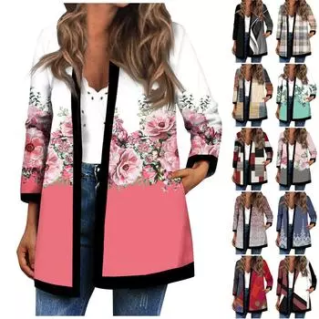 Женский осенне-зимний черный кардиган с длинными рукавами и принтом в стиле пэчворк One size чёрный