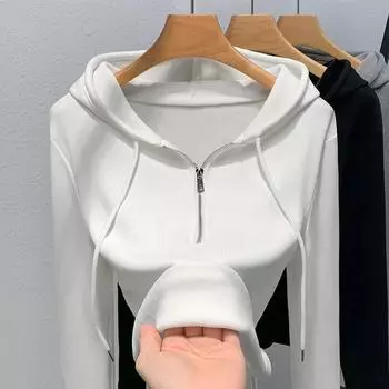 Женский осенне-зимний черный повседневный топ с капюшоном и застежкой-молнией на половину длины S чёрный