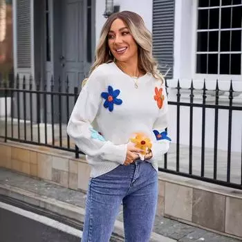 Женский осенне-зимний цветочный свитер большого размера с круглым вырезом S белый