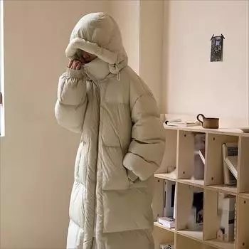 Женский осенне-зимний длинный пуховик до колена с капюшоном высокого класса, свободный и утолщенный теплый пуховик M