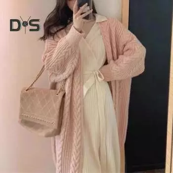 Женский осенне-зимний длинный свитер, кардиган с текстурой и длинными рукавами, однотонное вязаное пальто с открытой передней частью, утолщенная верхняя одежда розовый