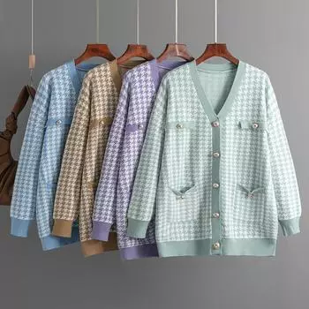 Женский осенне-зимний длинный свитер с v-образным вырезом и длинным рукавом с узором «гусиные лапки», свободный вязаный кардиган, пальто с карманами, блокирование цветов One Size чёрный