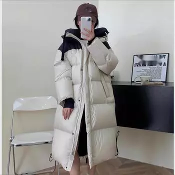 Женский осенне-зимний длинный свободный пуховик с утолщенной курткой с капюшоном