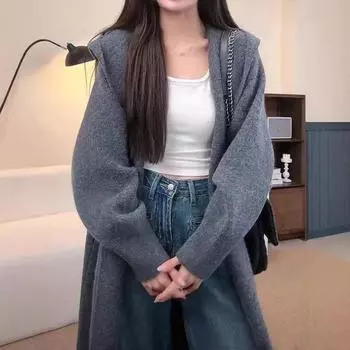 Женский осенне-зимний длинный вязаный кардиган с капюшоном One size бежевый