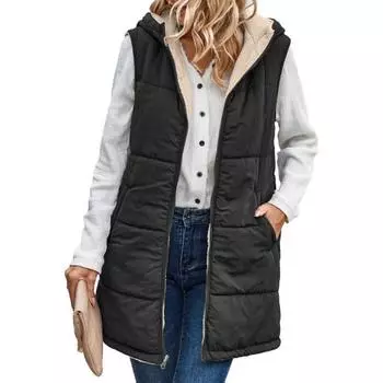 Женский осенне-зимний двусторонний жилет, пальто с капюшоном, куртка без рукавов с флисовой подкладкой, однотонный жилет средней длины, длинная теплая верхняя одежда S легкие хаки