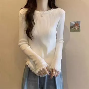 Женский осенне-зимний джемпер с круглым вырезом и бахромой, асимметричная вязка снизу One Size
