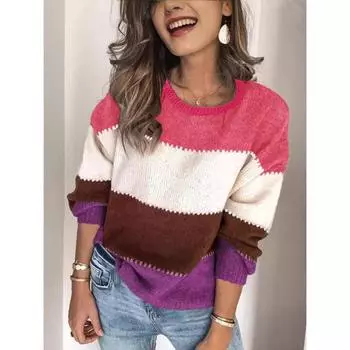 Женский осенне-зимний джемпер свободного кроя с круглым вырезом средней длины с цветными блоками большого размера S жёлтый