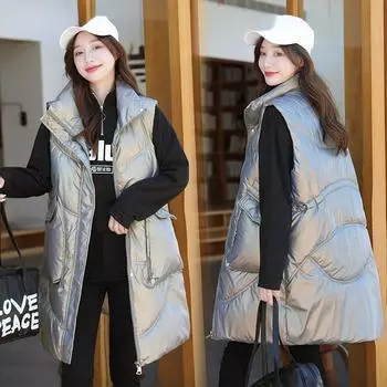 Женский осенне-зимний глянцевый длинный жилет без рукавов с воротником-стойкой, верхняя одежда, куртка-пуховик, парки с хлопковой подкладкой, жилет M чёрный