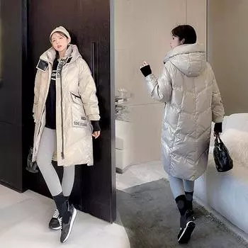 Женский осенне-зимний глянцевый пуховик средней длины, свободное пальто с капюшоном S белый