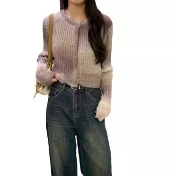 Женский осенне-зимний градиентный цветной круглый вырез короткий вязаный кардиган джемпер One size серый