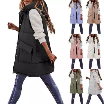 Женский осенне-зимний хлопковый жилет, средней и длинной длины, однотонный жилет с карманом из хлопка L армия зеленый