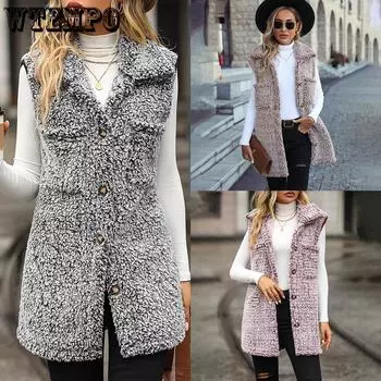 Женский осенне-зимний кардиган без рукавов с лацканами, длинный свободный повседневный жилет из бархата с эффектом выцветания и пузырьков S хаки