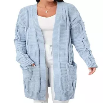 Женский осенне-зимний кардиган больших размеров средней длины, вязаный свитер S серый