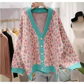 Женский осенне-зимний кардиган большого размера с леопардовым принтом, свободный свитер средней длины one size жёлтый