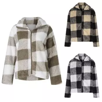Женский осенне-зимний кардиган на молнии, повседневная двухсторонняя плюшевая короткая куртка в клетку XL хаки