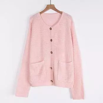 Женский осенне-зимний кардиган с длинным рукавом, круглым вырезом, свободным карманом и пуговицами S розовый