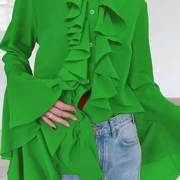 Женский осенне-зимний кардиган с длинными рукавами и оборками в стиле темперамент S зелёный