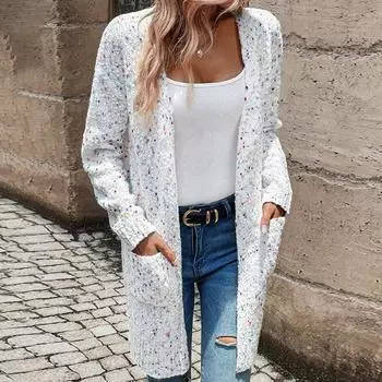 Женский осенне-зимний кардиган с длинными рукавами и карманами, длинный вязаный свитер S белый