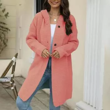 Женский осенне-зимний кардиган с капюшоном и длинными рукавами, пальто свободного кроя, однобортный однобортный свитер средней длины, верхняя одежда L розовый