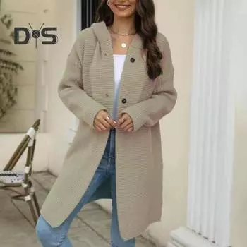 Женский осенне-зимний кардиган с капюшоном и длинными рукавами, пальто свободного кроя, однобортный однобортный свитер средней длины, верхняя одежда L розовый