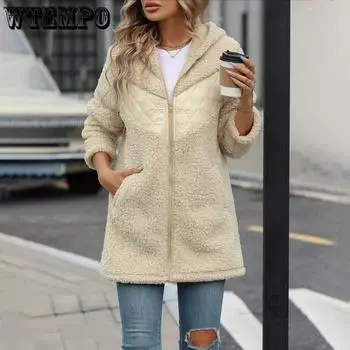 Женский осенне-зимний кардиган с капюшоном средней длины на молнии свободная плюшевая куртка женская S чёрный