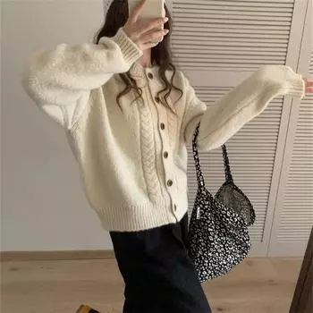 Женский осенне-зимний кардиган с круглым вырезом в стиле ретро с переплетением нитей One size